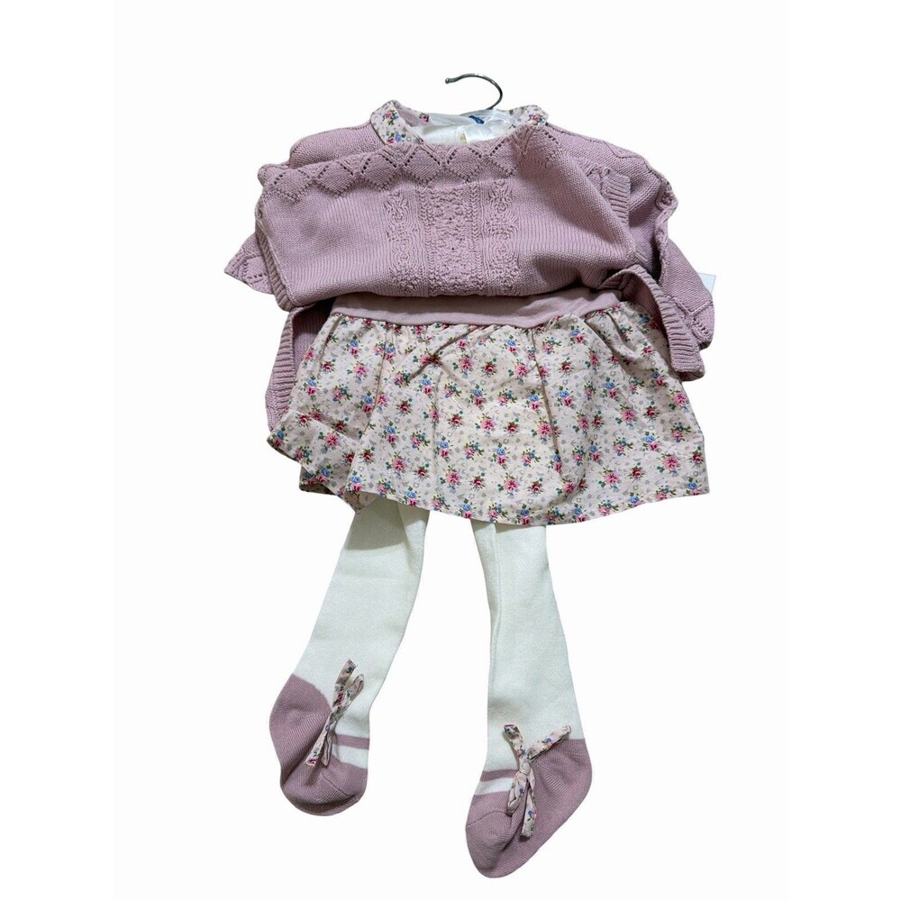 Shabby Chic Sweater Knit Dress Set Baby 0-3 Months Pink Tights Cottagecore - Picture 3 of 6